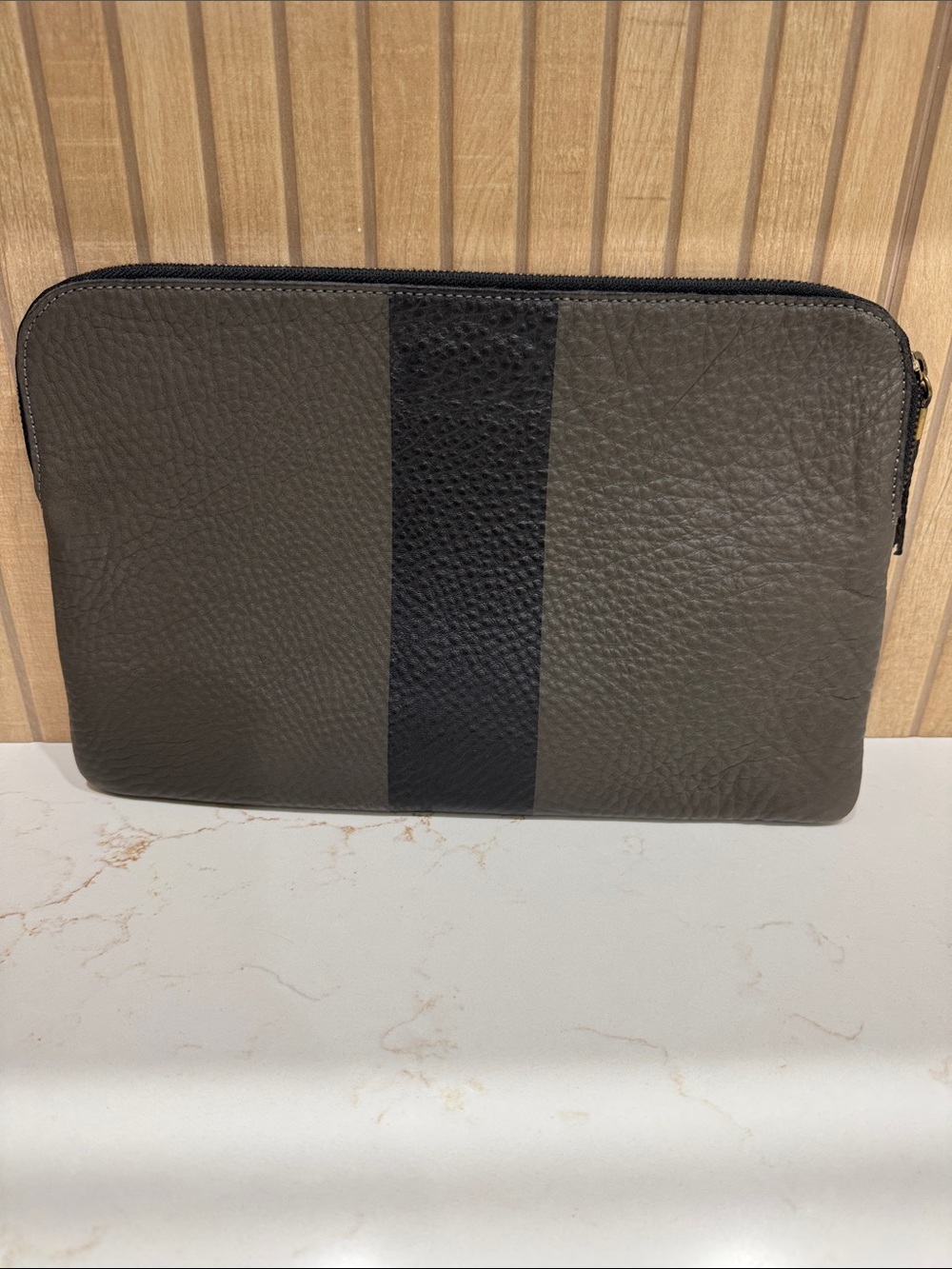 Men's or Women’s Leather Zip Pouch - Olive with Black Stripe